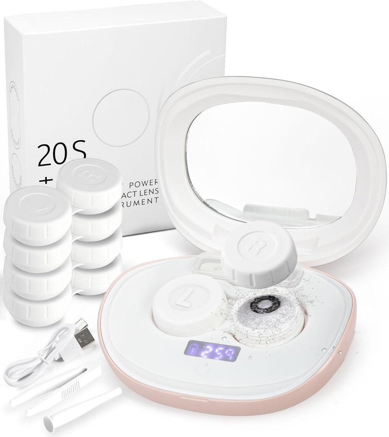 ofone Contact Lens Cleaner, Ultrasonic Contact Lens Cleaning Machine with USB Charger, Timer Display and 5 Contact Solution Cases Kit Replacement for Soft Hard Colored RGP Lenses (Pink) - Image 1